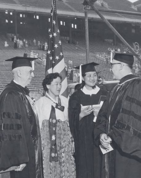 Photo of Chung Sul Youn Kim and her mother at University of Illinois's Commencement.
