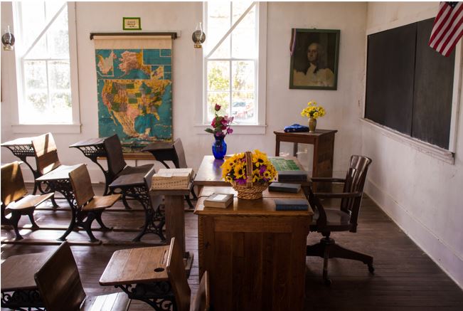 Empty classroom with the world map showing.